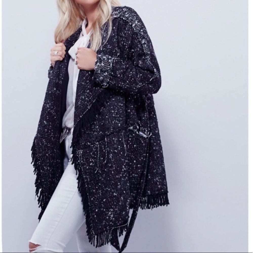 Free People Tweed Knit Fringe Coat